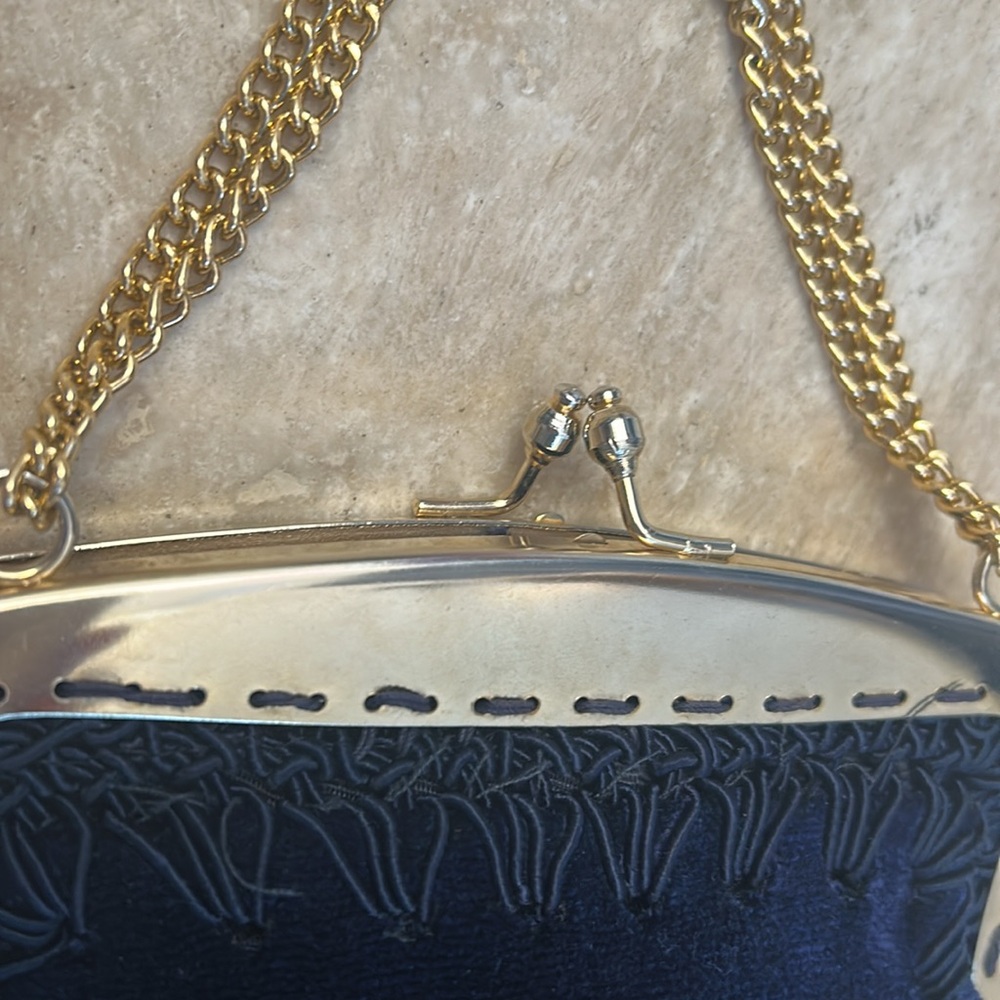 Blue Velvet Handbag Made in Italy Gold Chain Strap Italian Opera Purse - Picture 4 of 10